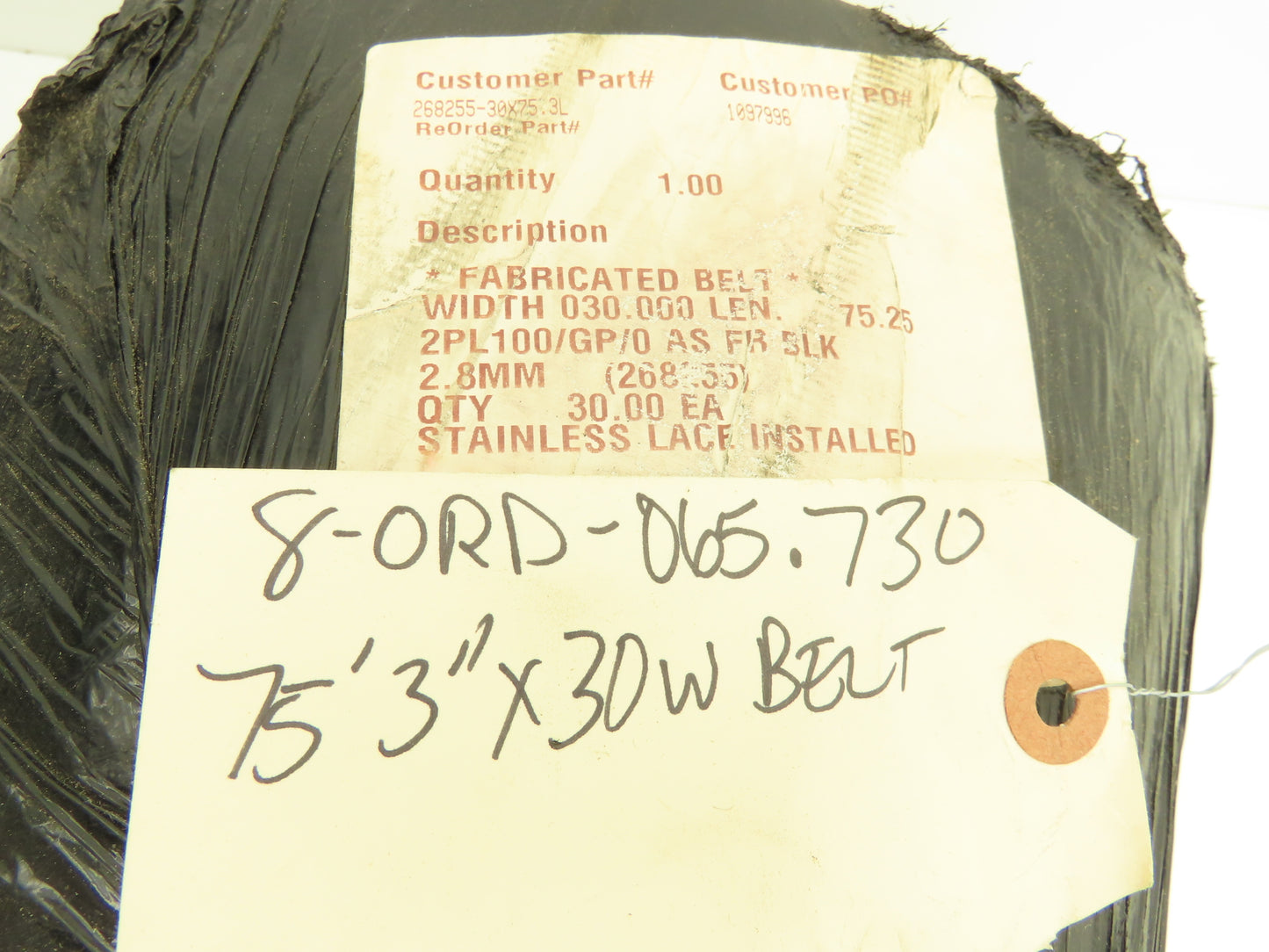 Hytrol 30"W x 75' 3" Grooved Rubber Conveyor Belt Laced 2-Ply Black 2PL100/GP/0