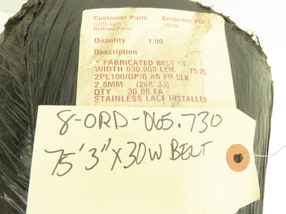 Hytrol 30"W x 75' 3" Grooved Rubber Conveyor Belt Laced 2-Ply Black 2PL100/GP/0