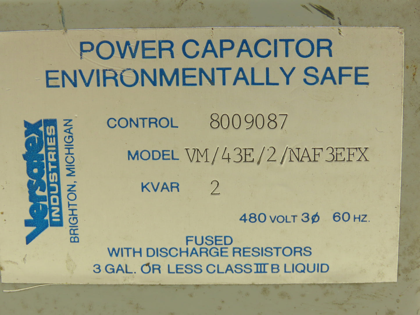 Versatex VM/43E/2/NAF3EFX Power Capacitor Enclosed Unit 2kvar 480V 3PH