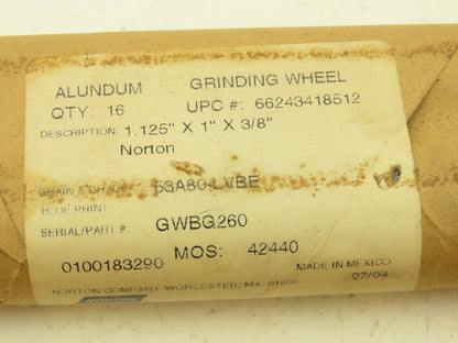 Norton GWBG260 Grinding Wheel 1.125" OD x 1"W x 3/8" ID  Alundum Lot of 31