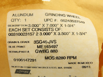 Norton GWBG 880 Alundum Grinding Wheel 3x7x1-3/4" Lot of 2 Sets