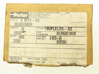 Parker Triple-Lok JIC Tube Bulkhead Union 3/8" Male 37 Degree Flare Lot of 9
