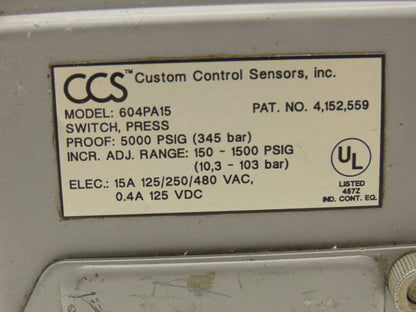 Custom Control Sensors 604PA15 Hydraulic Pressure Switch 5000 PSIG 125/250/480V