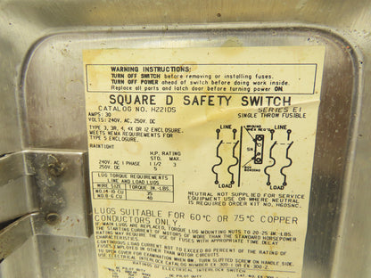 Square D HU221DS Safety Disconnect Switch 30 Amp 600V 2 Pole Fused SS E1