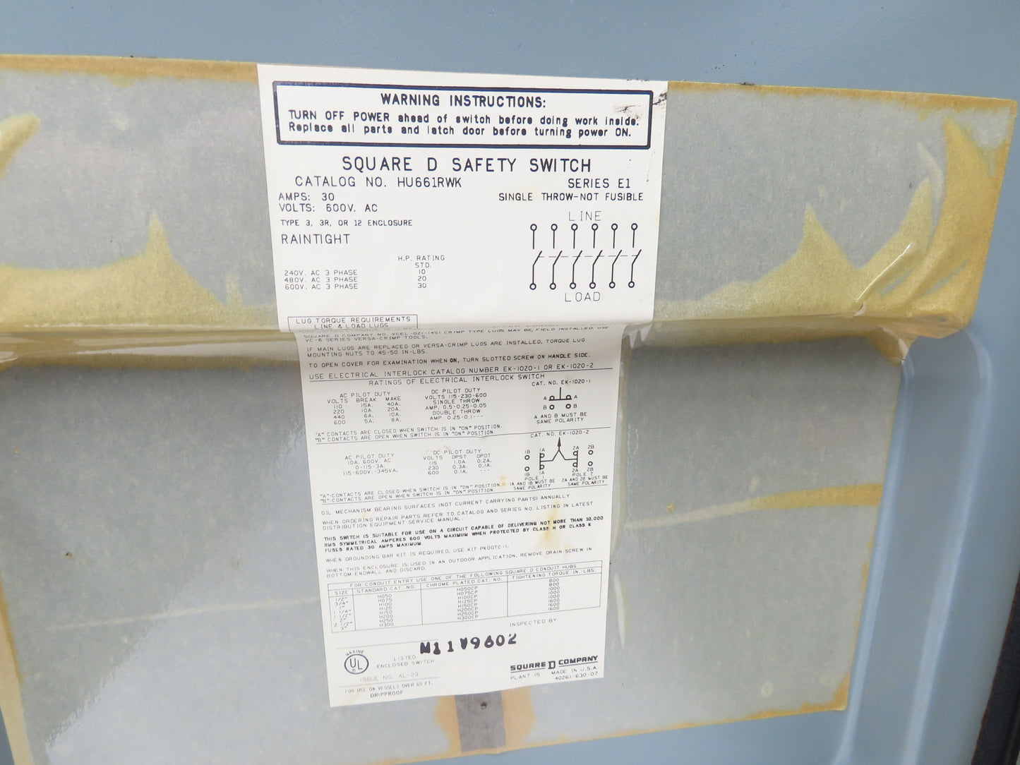 Square D HU661RWK Safety Disconnect Switch 30A 600V 6 Pole Non Fused 3R