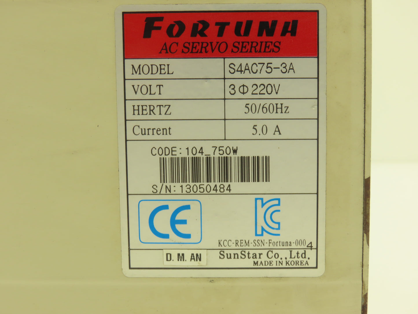 SunStar Fortuna S4AC75-3A Industrial Sewing Machine AC Servo Drive 750W 220V 3PH