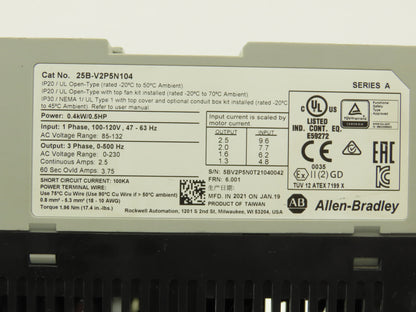 Allen Bradley 25B-V2P5N104 PowerFlex 525 VFD Variable Speed Drive 1/2Hp 120V 1PH