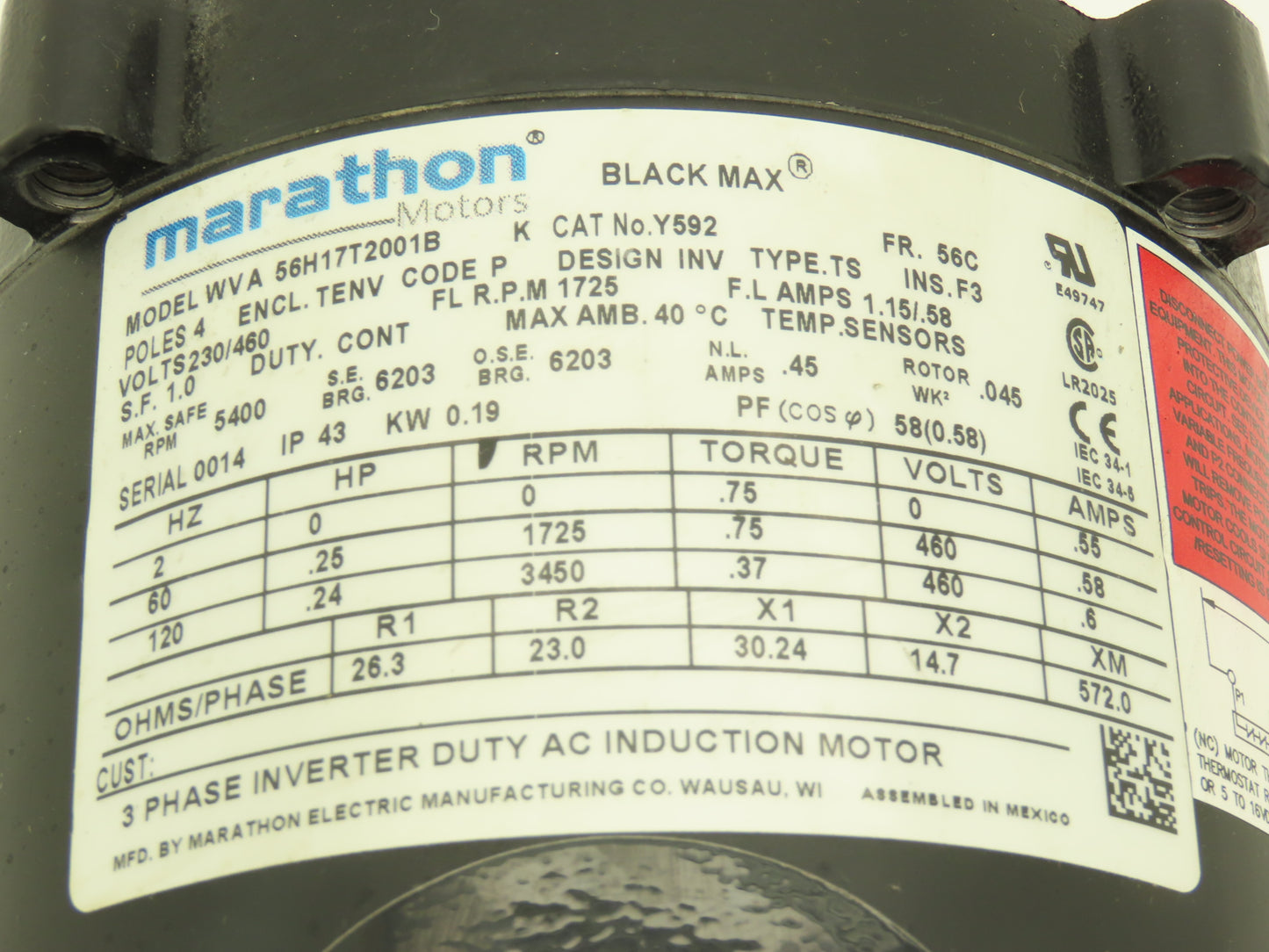 Marathon 56H17T2001B Black Max Inverter Duty AC Motor .25Hp 1725rpm 230/460V 56C