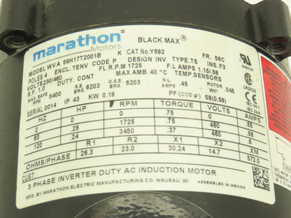 Marathon 56H17T2001B Black Max Inverter Duty AC Motor .25Hp 1725rpm 230/460V 56C