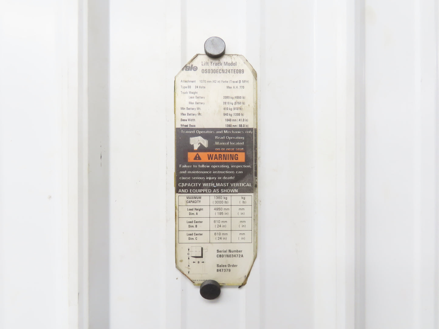 Yale Hood Plastic Cover Removed From 0S030ECN24TE089 Order Picker Forklift