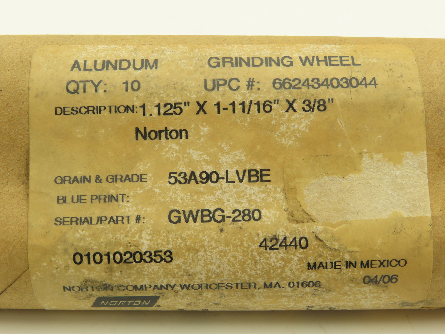 Norton 53A90-LVBE Alundum Grinding Wheel 1-1/8"x 1-11/16"W x 3/8"Arbor Lot of 20