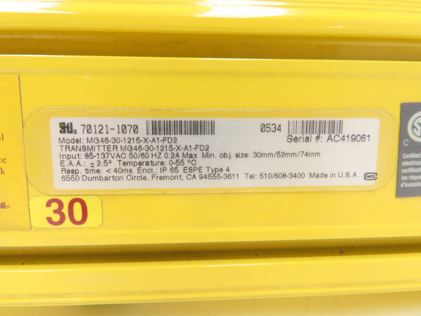 STI MG46-30-1215-X-A1-FD2 Light Curtain Transmitter Mega Safe 1215mm Length