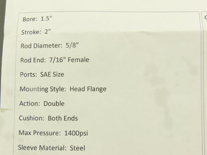 Miller Fluid Power HV2-6152R4B Hydraulic Cylinder 1.5"Bore 2"Stroke 1400psi