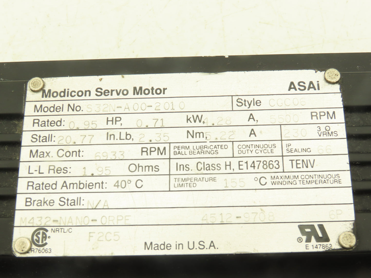 Modicon S32N-A00-2010 Servo Motor 0.95Hp 5500 RPM 230 VRMS Style CGC06