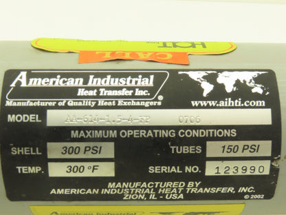 American Industrial AA-614-1.5-4-FP Shell & Tube Heat Exchanger 4-Pass 3/4x1"NPT