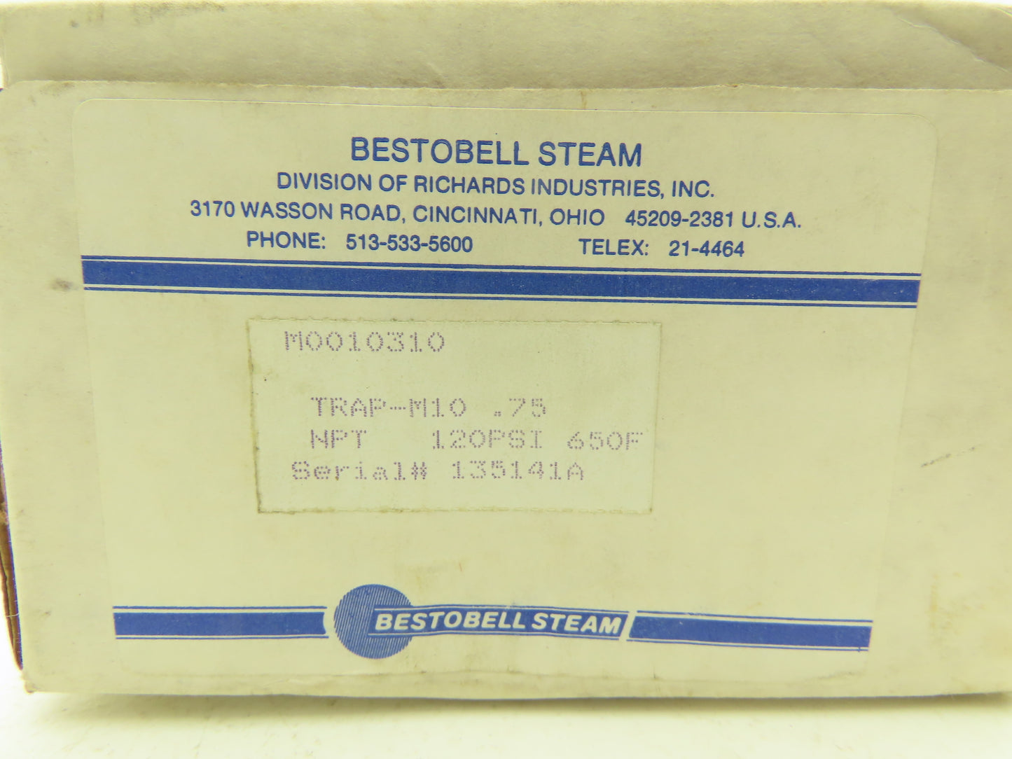 Richards Industries Bestobell Steam TRAP-M10 3/4" NPT 120PSI 650°F 750PSIG MAX