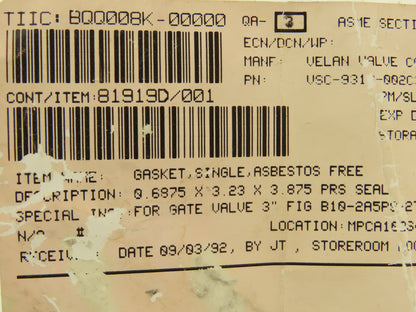 Velan 81919D/001 Gasket 3" Single Gate Valve Asbestos Free .6875 x 3.23 x 3.875