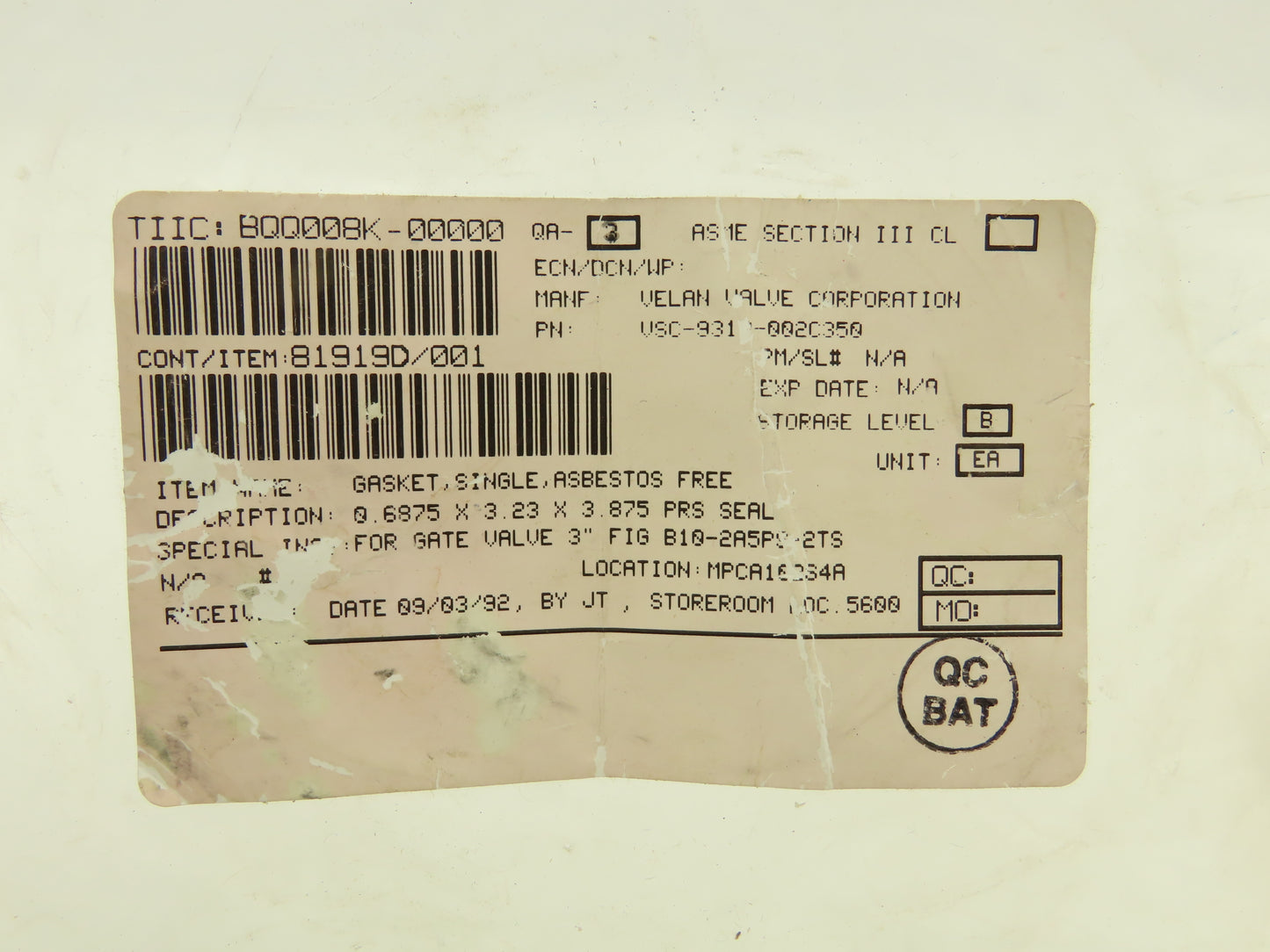 Velan 81919D/001 Gasket 3" Single Gate Valve Asbestos Free .6875 x 3.23 x 3.875