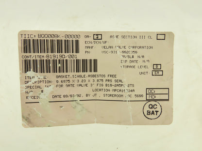 Velan 81919D/001 Gasket 3" Single Gate Valve Asbestos Free .6875 x 3.23 x 3.875