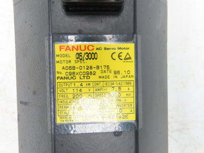 Fanuc A06B-0128-B175-R AC Servo Motor 114V 3PH 3000 RPM -Encoder A860-0360-T201