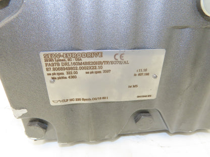 Sew Eurodrive FA97BDRL160M4BE20HR/TF/EG7S/AL Parallel Gearmotor 11.16 Ratio 3PH