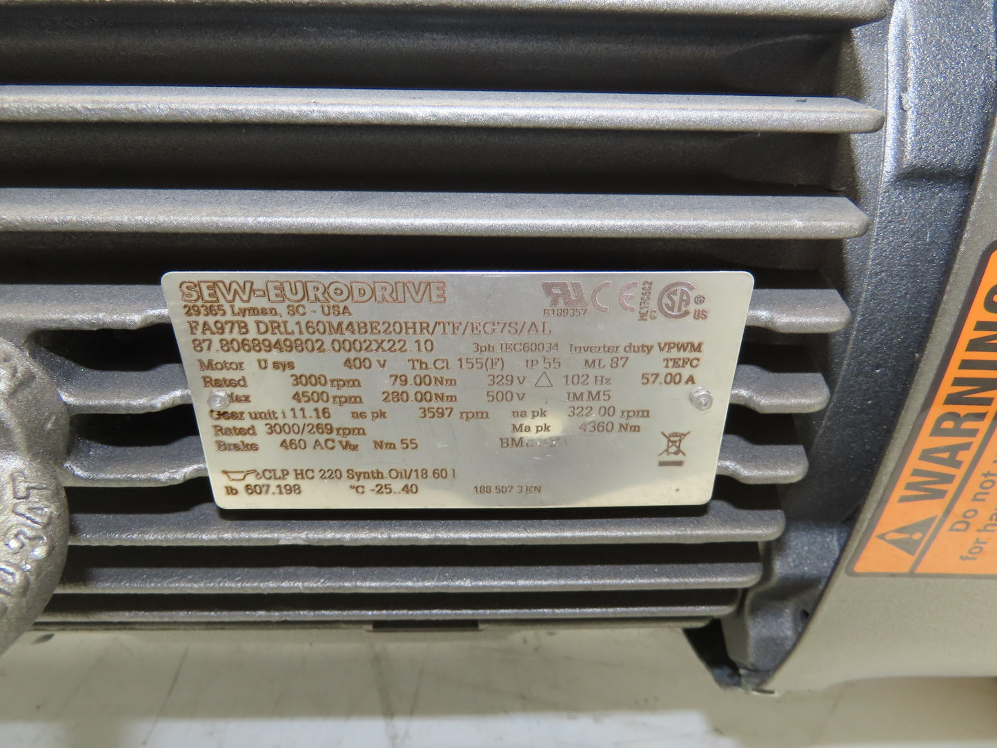 Sew Eurodrive FA97BDRL160M4BE20HR/TF/EG7S/AL Parallel Gearmotor 11.16 Ratio 3PH