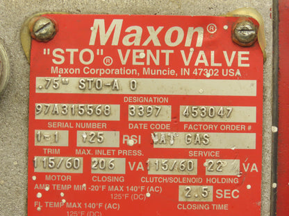 Maxon .75" STO-A 0 Natural Gas Shut Off Vent Valve 3/4"NPT 125PSI 115V