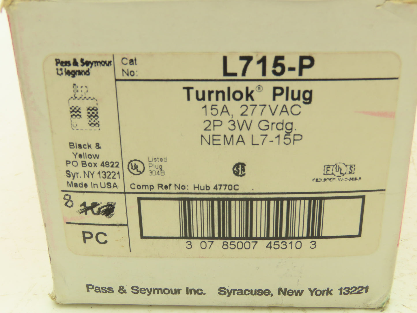 Pass & Seymour L715-P Legrand Turnlok Plug 2P 3W Grounding 15A 277VAC Box of 8
