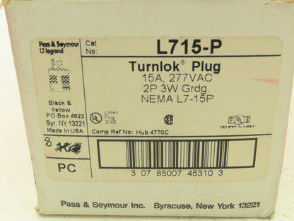Pass & Seymour L715-P Legrand Turnlok Plug 2P 3W Grounding 15A 277VAC Box of 8
