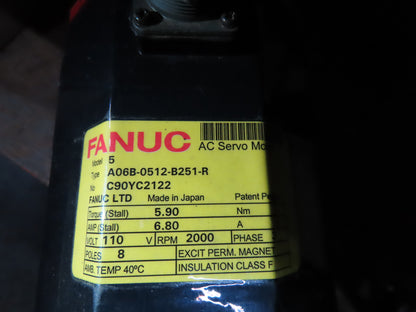 Fanuc A06B-0512-B251-R AC Servo Motor 2000 RPM 110VAC Pulse Coder A290-0561-V531