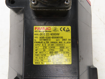 Fanuc A06B-0266-B500#0100 AC Servo Motor 4.5 kW 3000 RPM Encoder A860-2000-T321