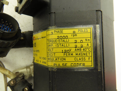 Fanuc A06B-0312-B351 AC Servo Motor 2000 RPM 120V 3Ph Encoder A290-0521-V581