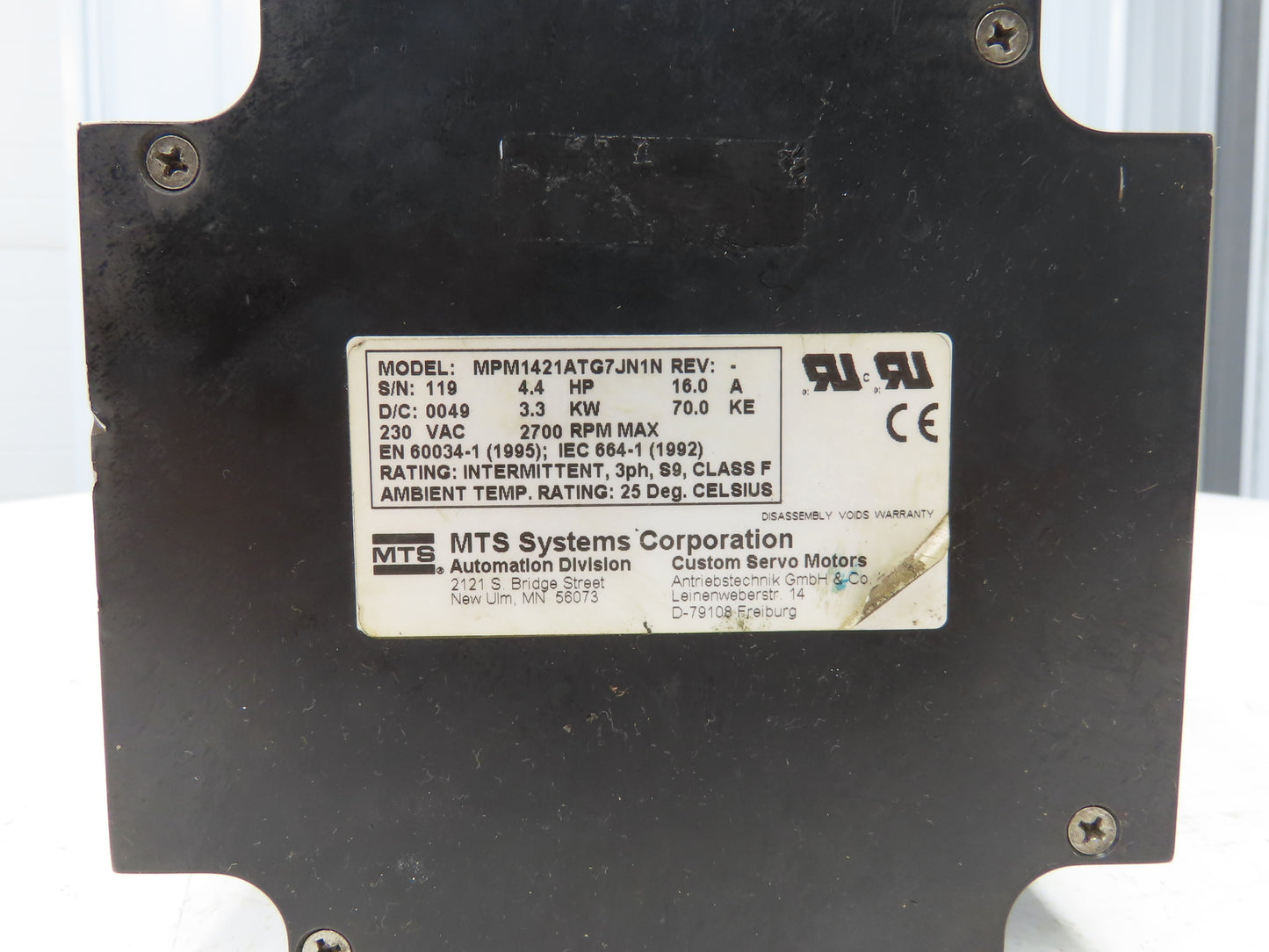 MTS Systems Corporation MPM1421ATG7JN1N Servo Motor 4.4Hp 2700RPM 230VAC 3Ph