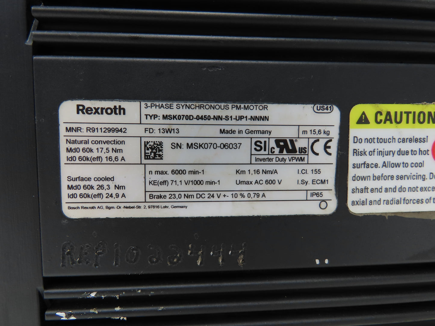 Rexroth MSK070D-0450-NN-S1-UP1-NNNN Servo Motor 6000RPM 600VAC 3Ph