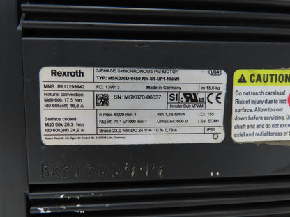 Rexroth MSK070D-0450-NN-S1-UP1-NNNN Servo Motor 6000RPM 600VAC 3Ph