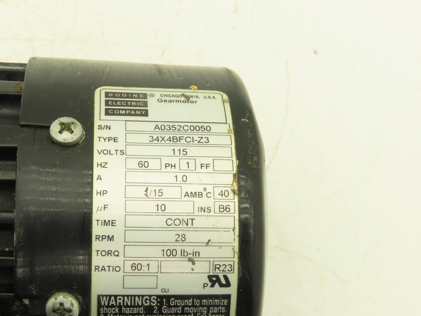 Bodine Electric 34X4BFCI-Z3 Gearmotor 115VAC 1/15Hp 60:1 Ratio 28rpm