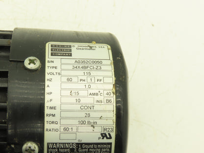 Bodine Electric 34X4BFCI-Z3 Gearmotor 115VAC 1/15Hp 60:1 Ratio 28rpm