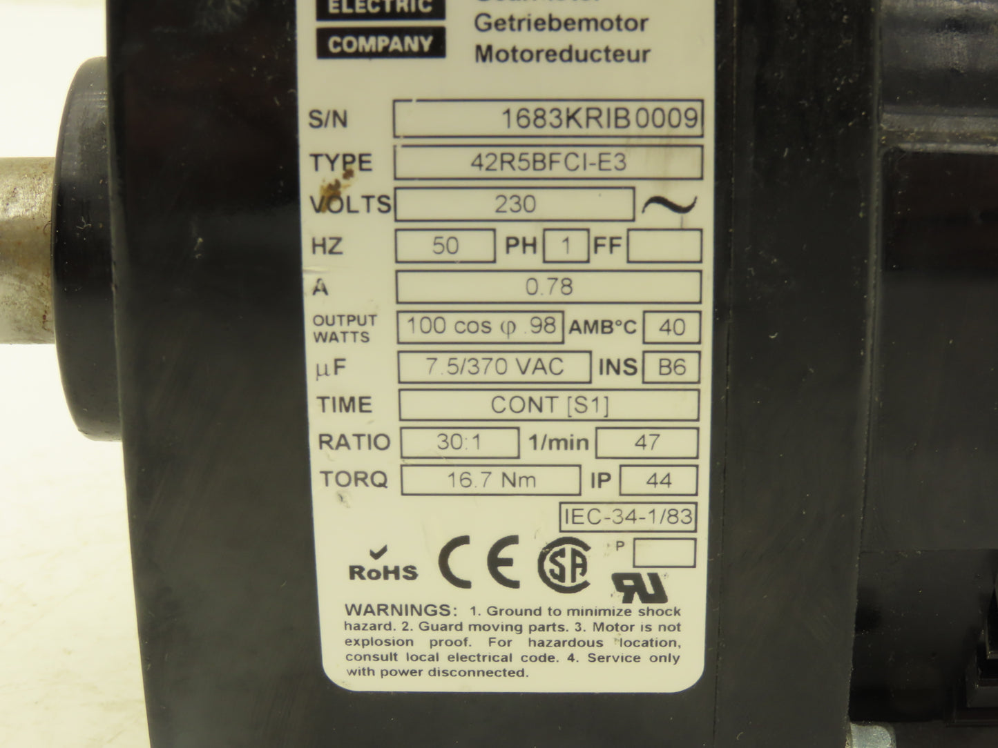 Bodine 42R5BFCI-E3 Gearmotor 230VAC 1PH 30:1 Ratio 47rpm Inline Parallel