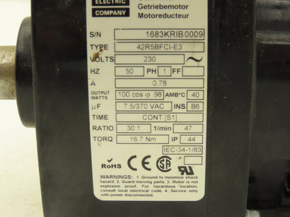 Bodine 42R5BFCI-E3 Gearmotor 230VAC 1PH 30:1 Ratio 47rpm Inline Parallel