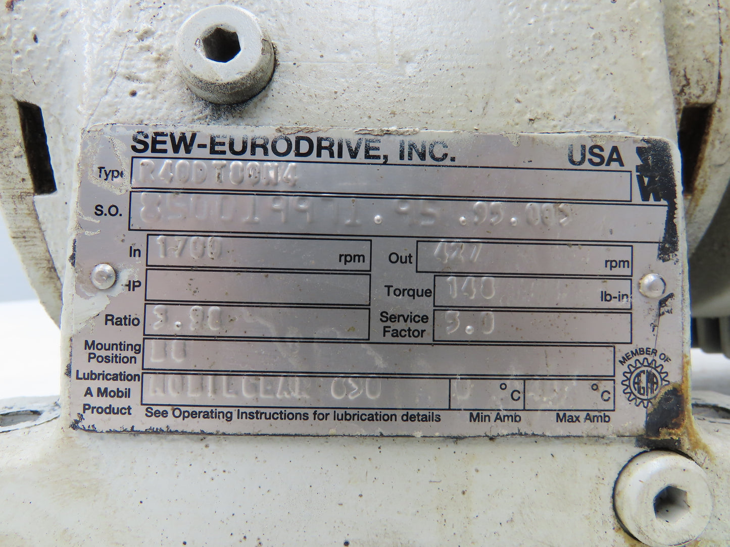 Sew Eurodrive R40DT80N4 AC Gearmotor 3.98:1 Reducer 1HP 427RPM 230/460V 3Ph