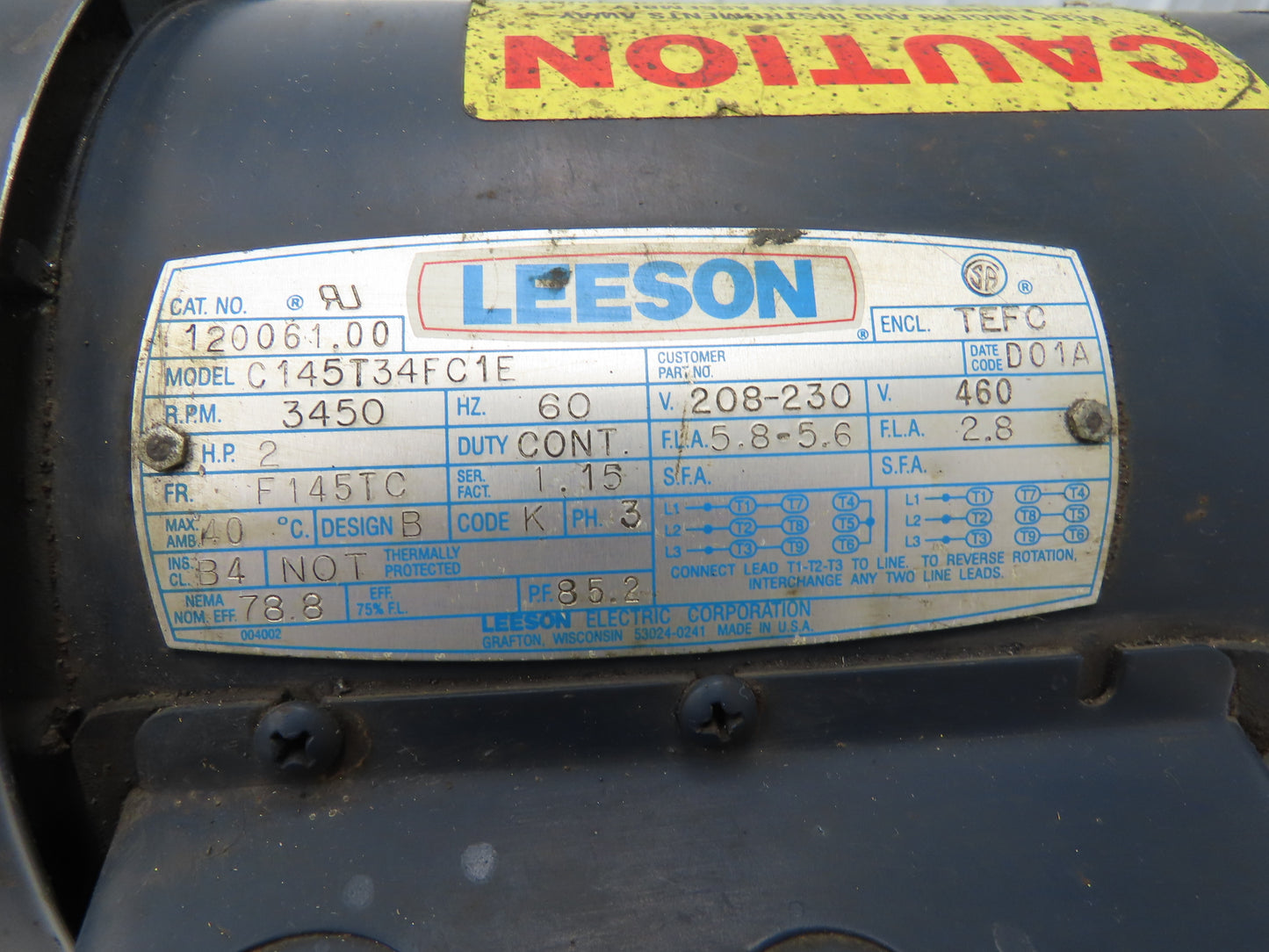 Leeson Electric C145T34FC1E AC Motor 2Hp 3450RPM 208-230/460V 3Ph F145TC TEFC
