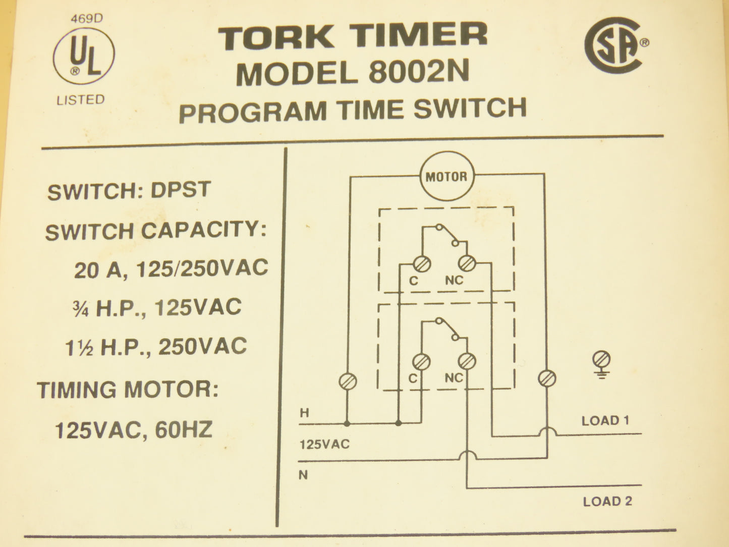 Tork 8002N 24 Hour Mechanical Dial Timer Switch DPST 20A 120V Outdoor