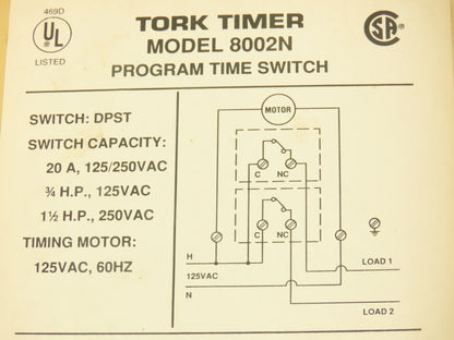 Tork 8002N 24 Hour Mechanical Dial Timer Switch DPST 20A 120V Outdoor