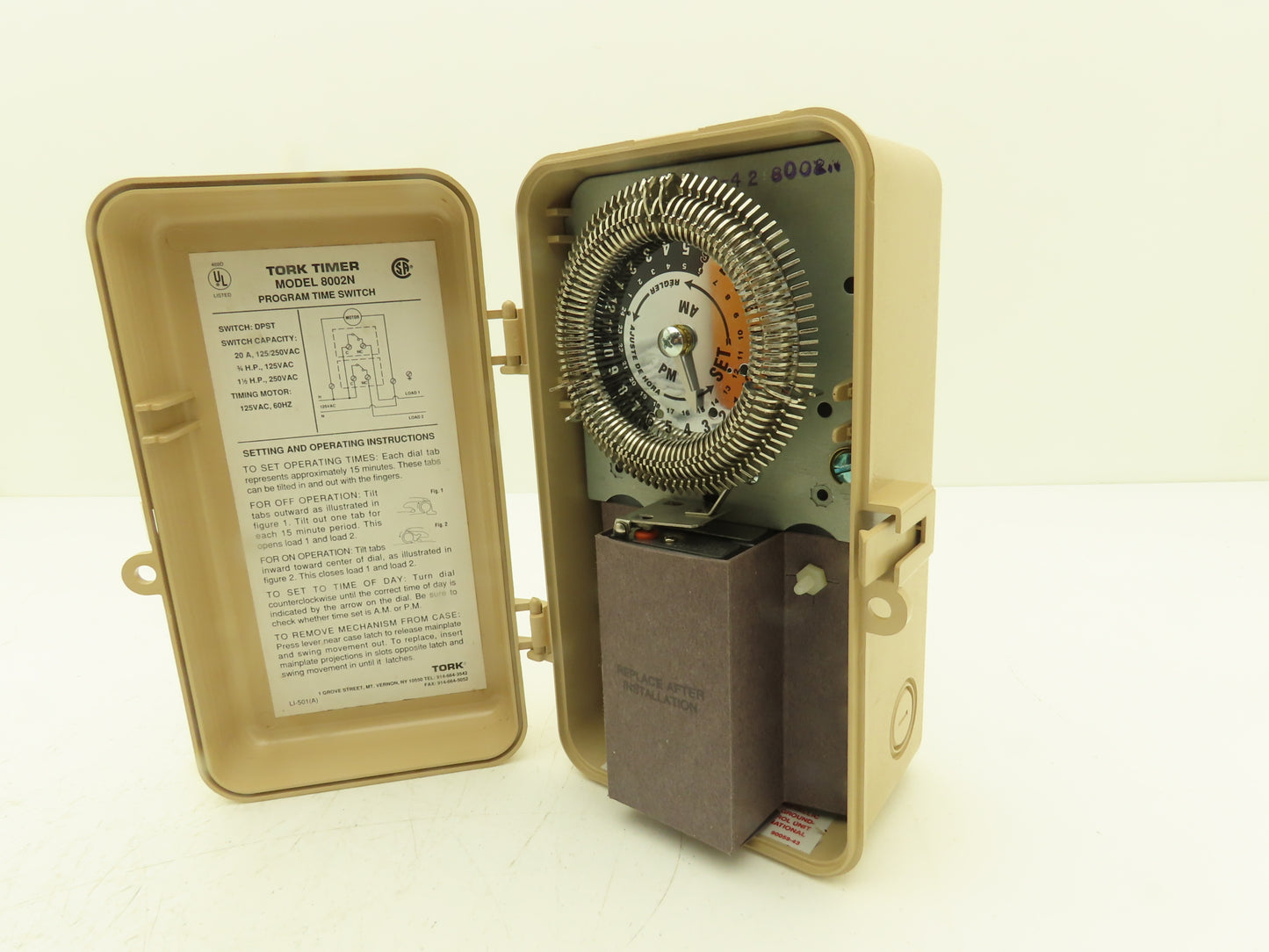 Tork 8002N 24 Hour Mechanical Dial Timer Switch DPST 20A 120V Outdoor