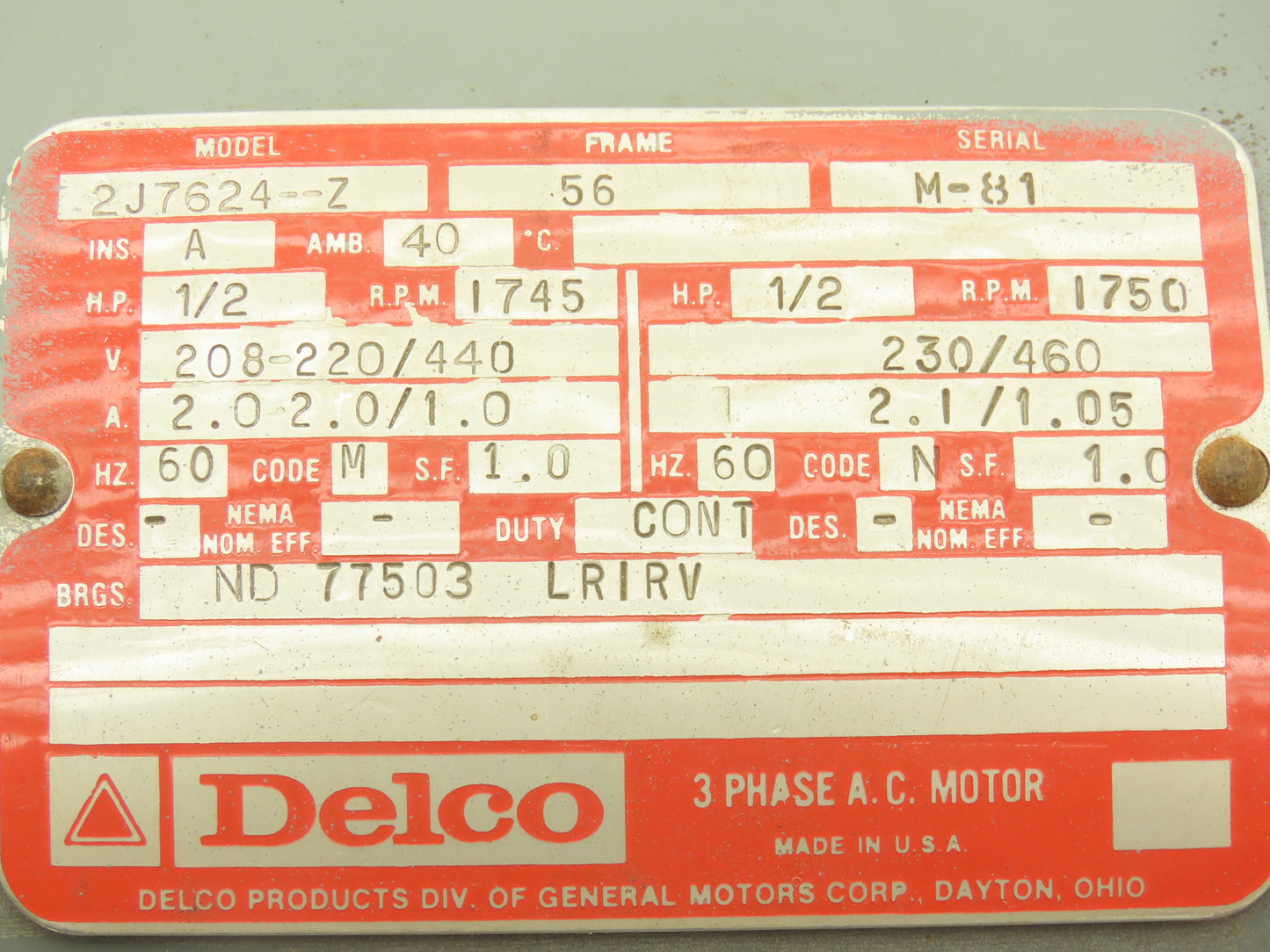 Delco 2J7624-Z Vintage AC Motor 1/2Hp 1750 RPM 230/460V 3PH 56 Frame 5/8"Shaft