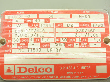 Delco 2J7624-Z Vintage AC Motor 1/2Hp 1750 RPM 230/460V 3PH 56 Frame 5/8"Shaft