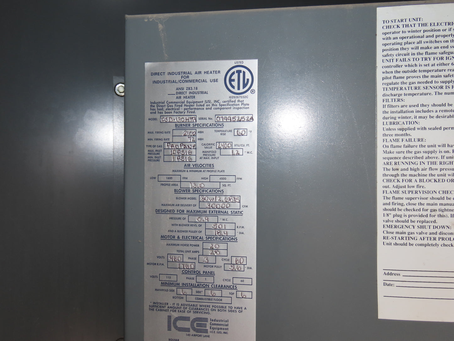 ICE OSD-130HTR LP Gas Fired Air Makeup Heater Unit 2100MBH 30000CFM 20Hp 460V