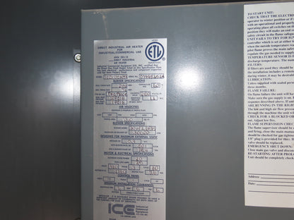 ICE OSD-130HTR LP Gas Fired Air Makeup Heater Unit 2100MBH 30000CFM 20Hp 460V