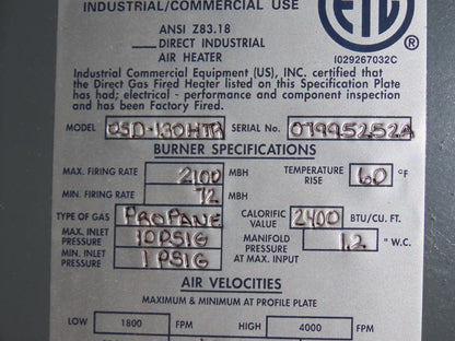 ICE OSD-130HTR LP Gas Fired Air Makeup Heater Unit 2100MBH 30000CFM 20Hp 460V