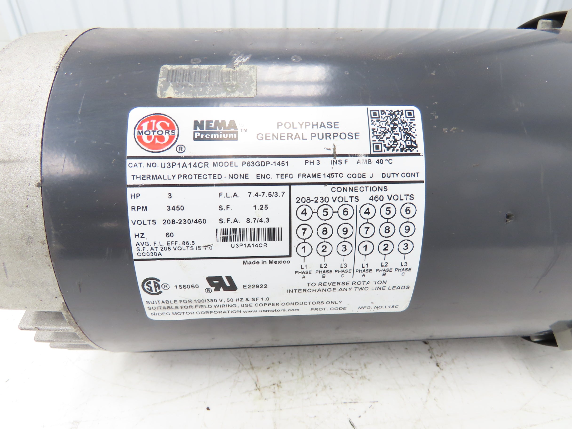 US Motors P63GDP-1451 Polyphase AC Motor 3Hp 3450RPM 208-230/460V 3Ph ...